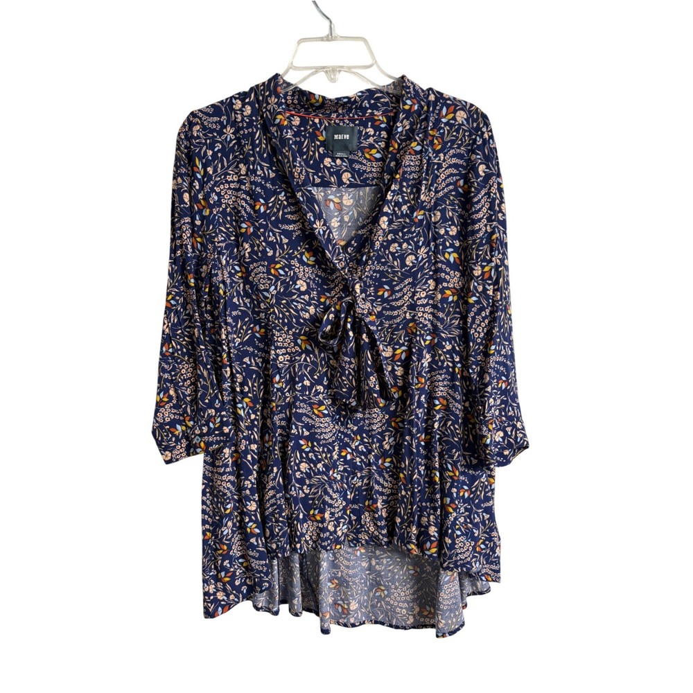 Maeve Anthropologie Floral Tie Neck Top Navy‎ Blue High Low Blouse Small Boho